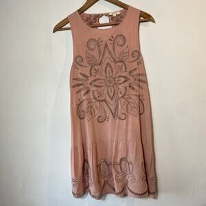 Oddy‎ Pink Boho Mini Peplum Dress L Sleeveless Open Back Lined Eyelets Festival